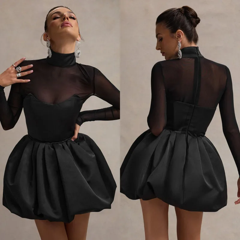 

Sexy Mesh-Paneled Sheer Long-Sleeve Dress Crew Neck Waist-Cinching Puff Skirt Dress Fashionable Women's High-Waist Evening Gown