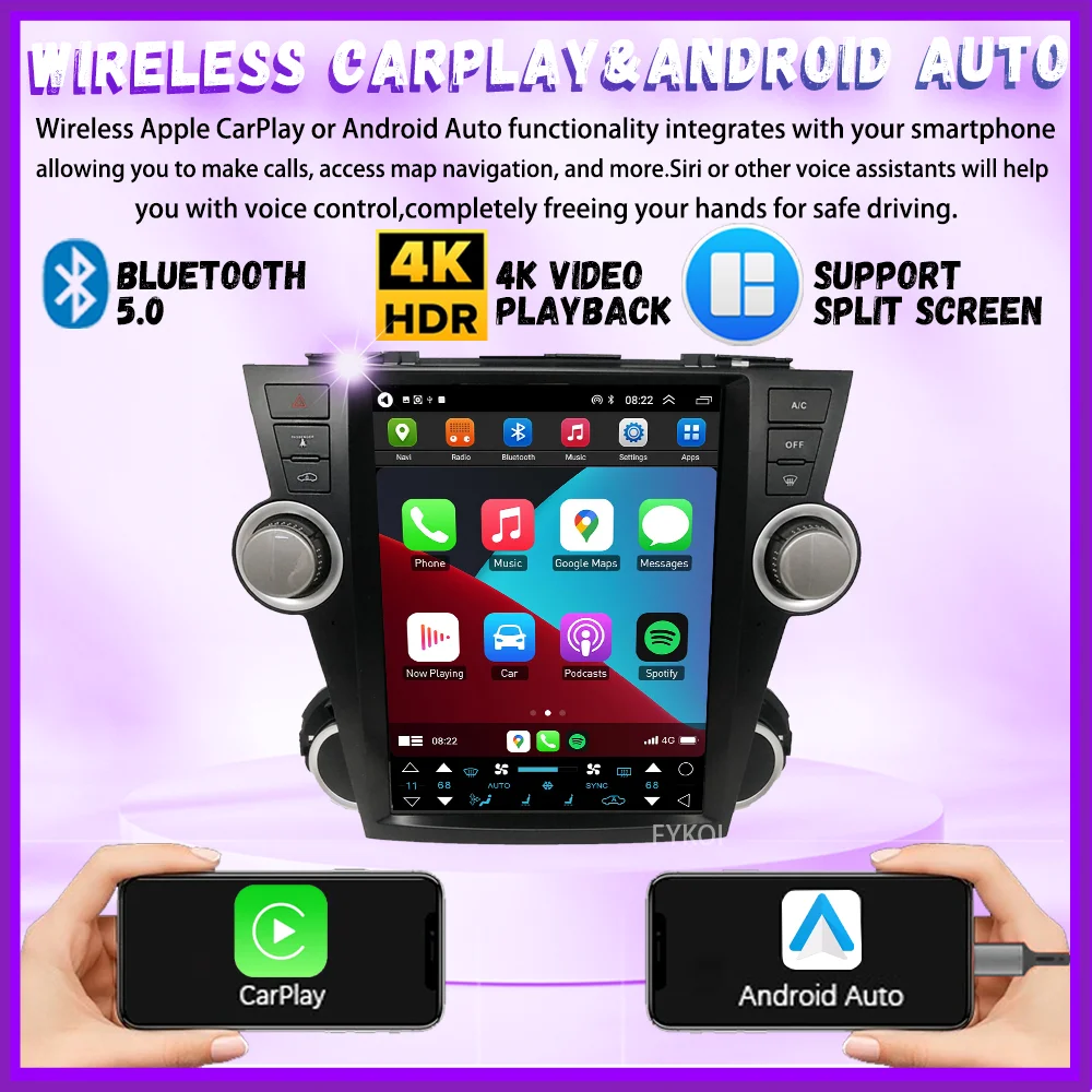 Car Radio For Toyota Highlander 2007-2013 CarPlay Android Auto Automotive Multimedia Tesla Style Bluetooth 4G WIFI GPS Gift