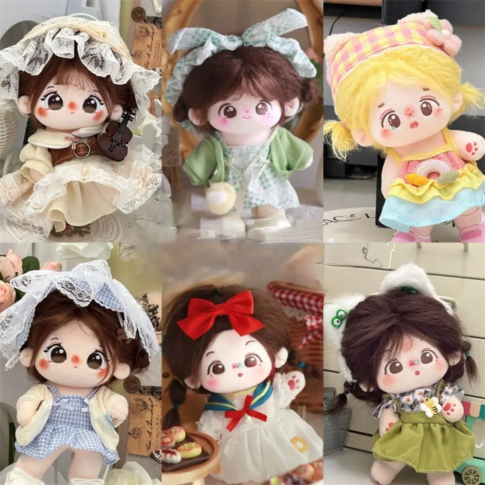 Hand-Made Cotton Doll Vestuário Set, Vestido, Saia, Headwear, Bonecas Acessórios, Plush Toy, Roupas, Props Gift, 20cm