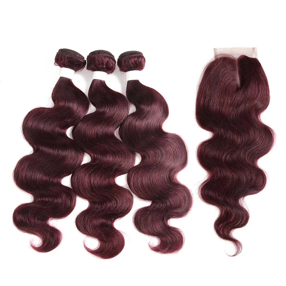 Tissage en Lot Brésilien Remy Naturel Body Wave Rouge Bordeaux 99J, avec Lace Closure, 3 Pièces