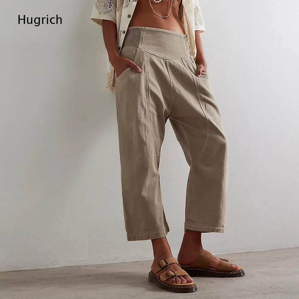 Bohemian Loose Cropped Harem Pants Ladies Shirred High Waist Curved Seam Design Soft Casual Trousers With Hand Pockets