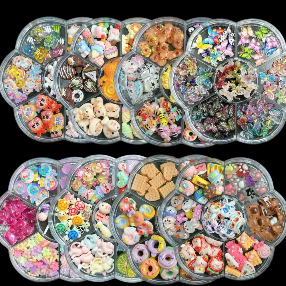 1Box Mixed Cute Simulated Dessert Candy Butterfly Nail Art Decorations 3D Resin Cartoon Cat Fish Bear Nail Charms Supplies