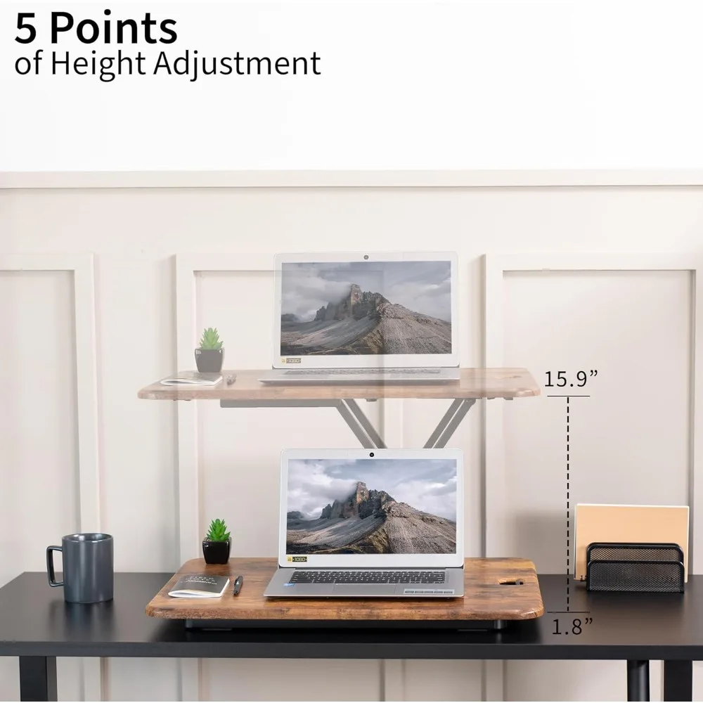 Ultra-Slim Single Top Height Adjustable Standing Desk Riser, Compact Sit Stand Desktop Converter for Monitor or Laptop, Rustic