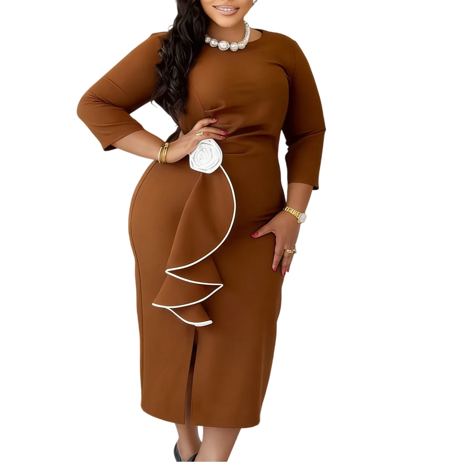 

Elegant Classy Church Dresses Women O Neck Flare Sleeve 3D Flower Button Slim African Office Lady Work Church Formal Events Gown