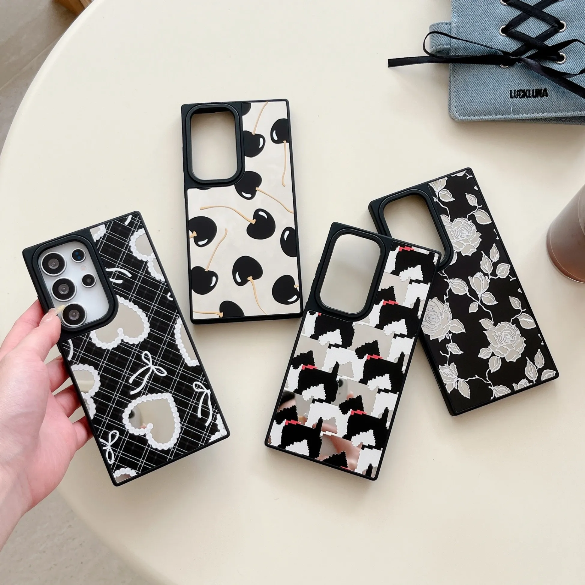 Black White Heart Rose Mirror Phone Case For Samsung Galaxy S Series Lace Bow Cherry Print Shockproof Protective Hard Shell