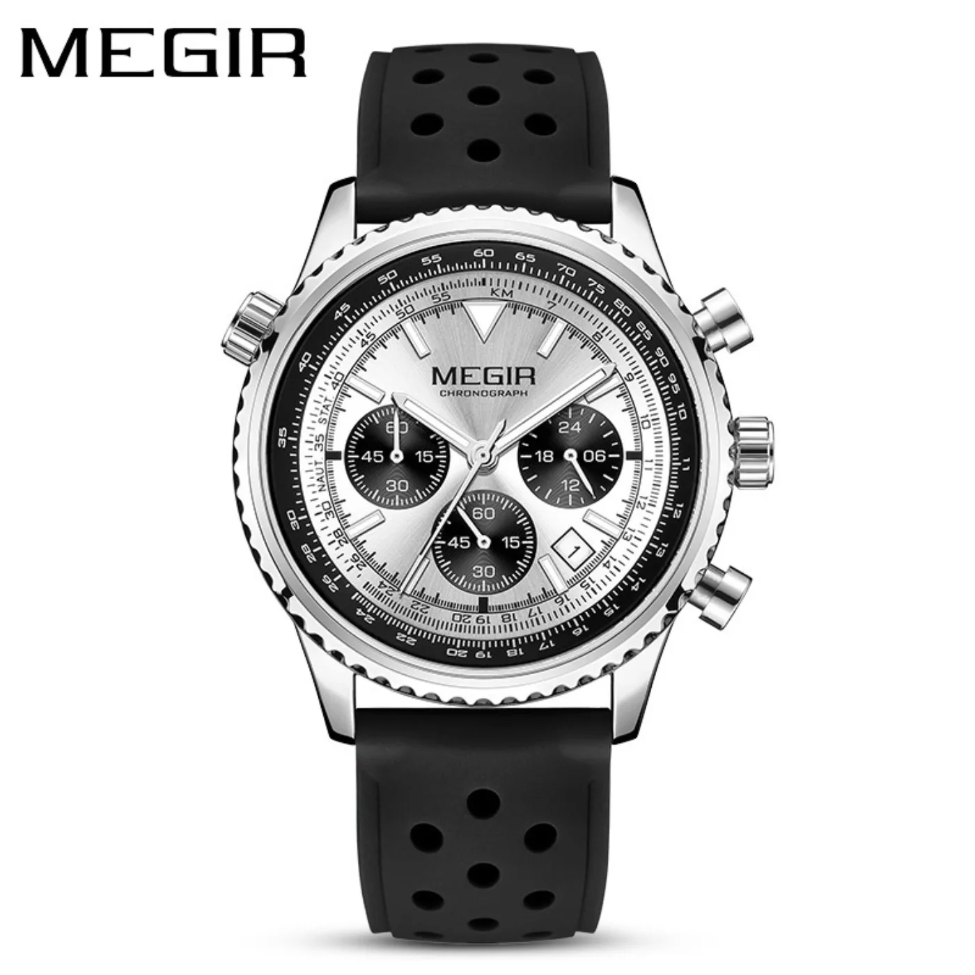 MEGIR Silver Black Quartz Watch Men Military Sport Chronograph Wristwatch with Silicone Strap Luminous Hands Auto Date 2236 view 6