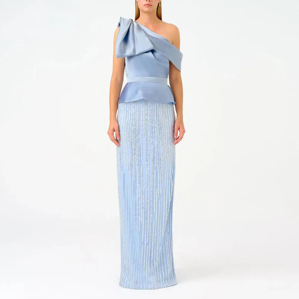 

Customized Cape One Shoulder Evening Dresses Bow Tie Straight Wedding Guest Dress Beading Long Formal Occasion Maxi Gown