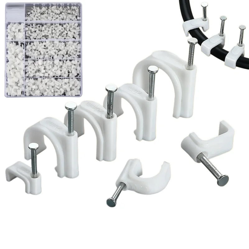 600PCS Round / Square Nail Clip Wire Management Clamp White Fixing Steel Nail Wall Hanging Cable Clips 4/5/6/7/8/10mm