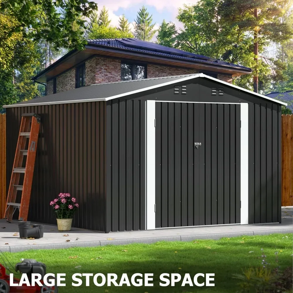 Garden Shed with Updated Frame Structure and Lockable Doors, Metal Tool Sheds for Backyard Garden Patio Lawn, Grey image 6