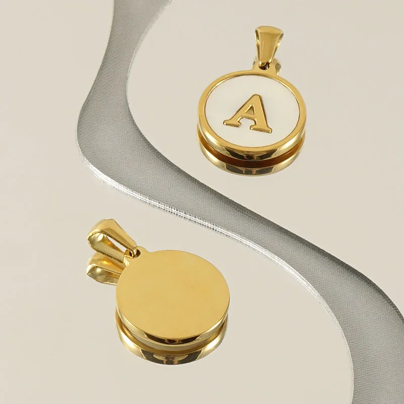 Stainless Steel 18K Gold Plated 26 A-Z Initials Round White Shell Base Pendant for Name Necklace