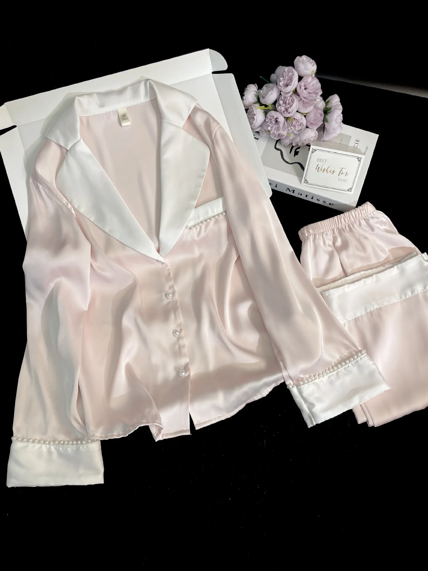 

Women's Beaded Pajamas Sets Spring Summer 2 Piece Pyjama Ice Silk Satin Sleepwear Long Sleeve Shirt Pants Pijama Homewear