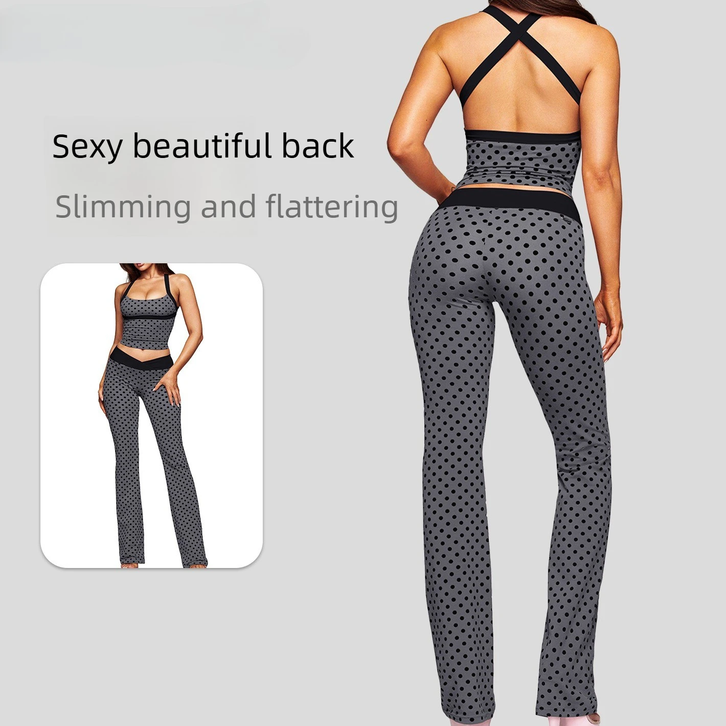 Women Polka Dot 2 Piece Yoga Set Criss Cross Back Crop Top V Fold Waist Flare Pants Y2K Sexy Matching Set Casual Workout Outfit