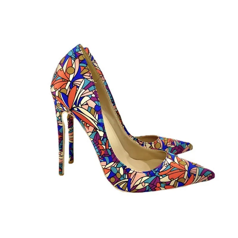 Ke Shang Jia Graphic Print Women Satin Pointy Toe High Heel Party Shoes Sexy Designer Floral Stiletto Pumps Large Size 33-45