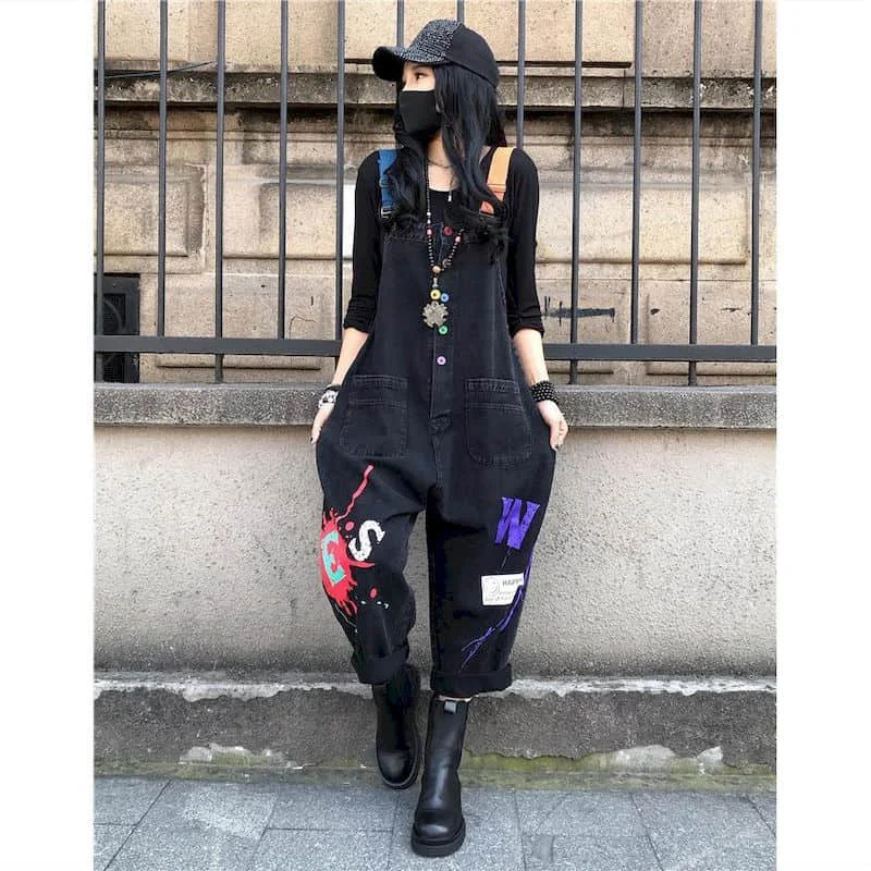 Jeansowe kombinezony damskie w stylu Casual z nadrukiem ubranka jednoczęściowe damskie rompe luźne koreańskie modne kombinezony damskie odzież