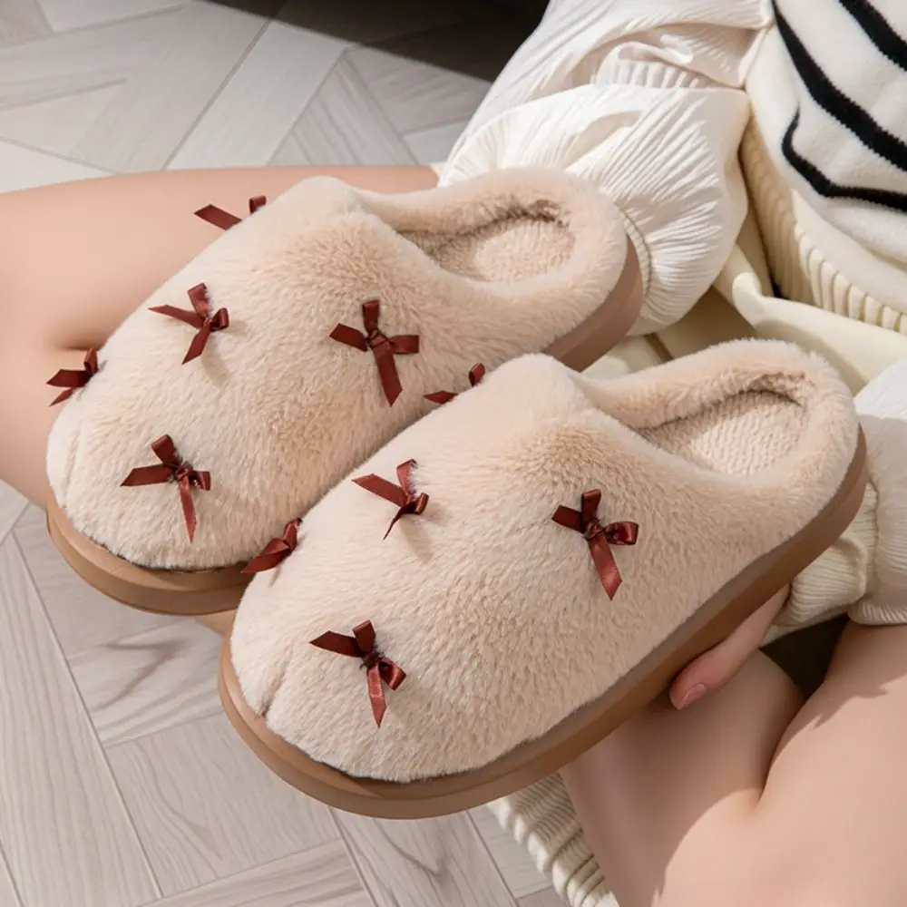 Windproof Soft Plush Couple Slippers Fluffy Slides Bow Winter Warmer Slippers Thickened Furry Warm Home Cotton Shoes Gift
