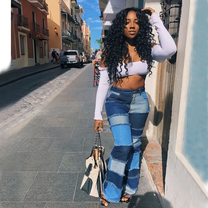 Autumn Fashion Spell Color High-waisted Jeans. Women's Casual Stitching Hip-lifting Slim Micro Flared Jeans. Women's Streetwear