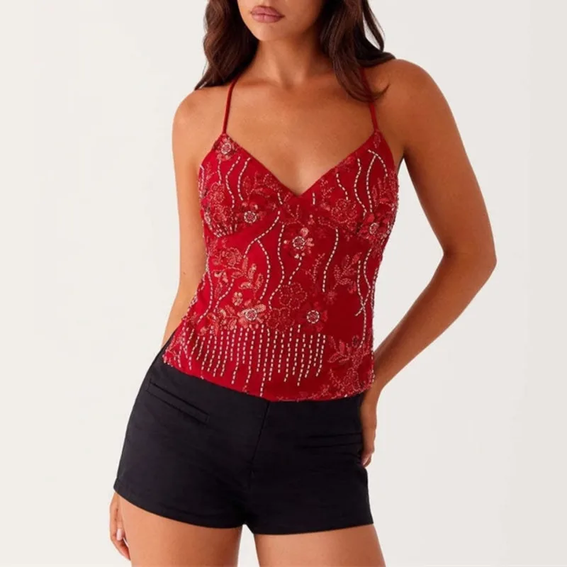 Dopamine hauts et t-shirts couleur sans manches bretelles Camisole Topwomen été 2025 personnalisé brodé perle dos à lacets t-shirts nouveau