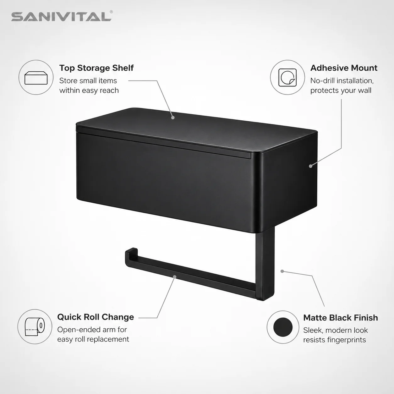 SANIVITAL Drill Mount Toilet Paper Holder Matte Black Wall Mounted Tissue Roll Holder with Storage Shelf for Bathroom view 6
