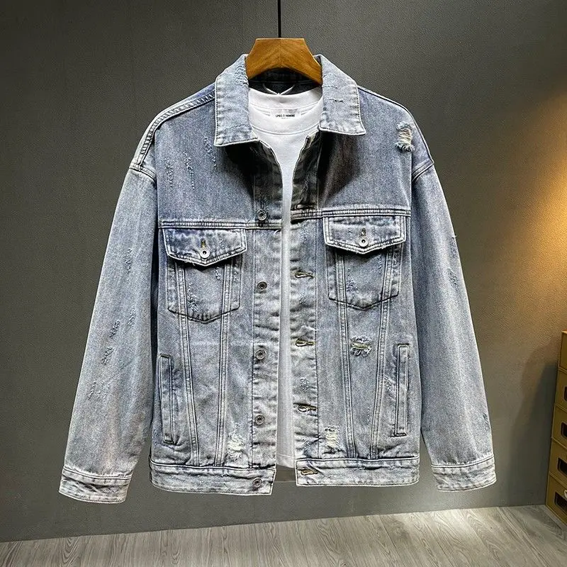 

Ripped and patch denim jacket, men's retro spring and autumn trendy Korean version casual jacket, men's loose top men jacket