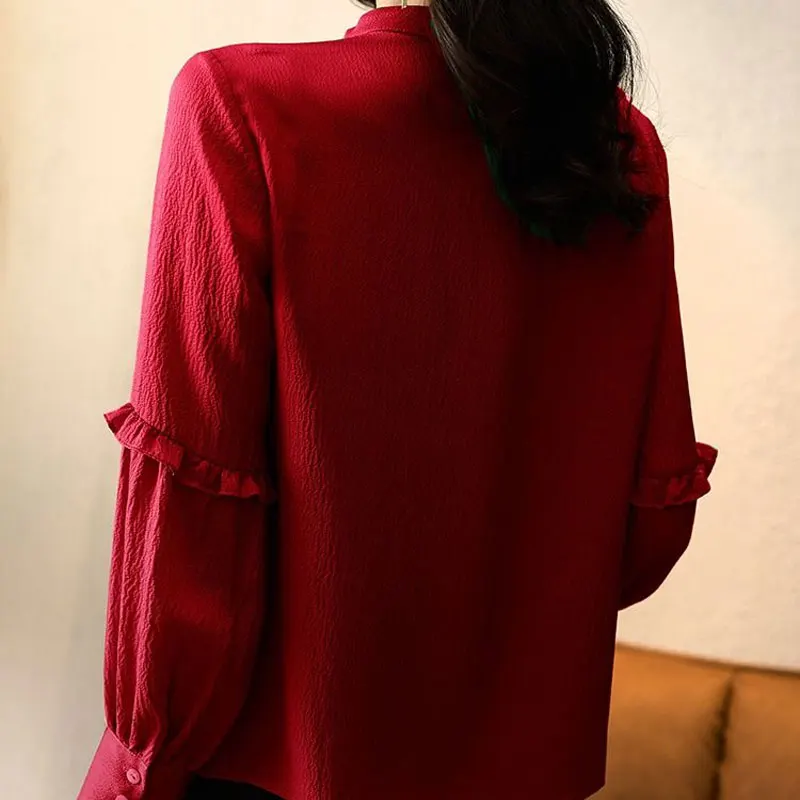 Women\'s Clothing Casual Stand Collar Shirt Fashion Ruffles Spliced Spring Autumn Solid Color Basic Pleated Long Sleeve Blouse