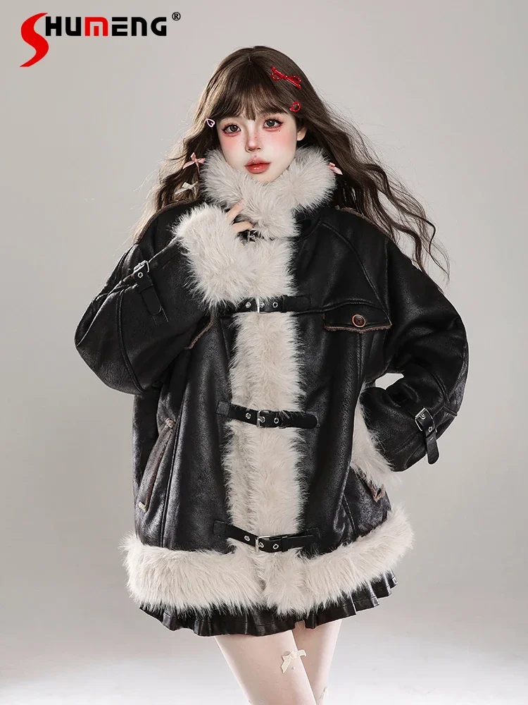 American Retro Fashion Motorcycle Girl Fur Integrated Jacket Thick Plush Warm Loose Casual PU Splicing Short Coats Women Winter