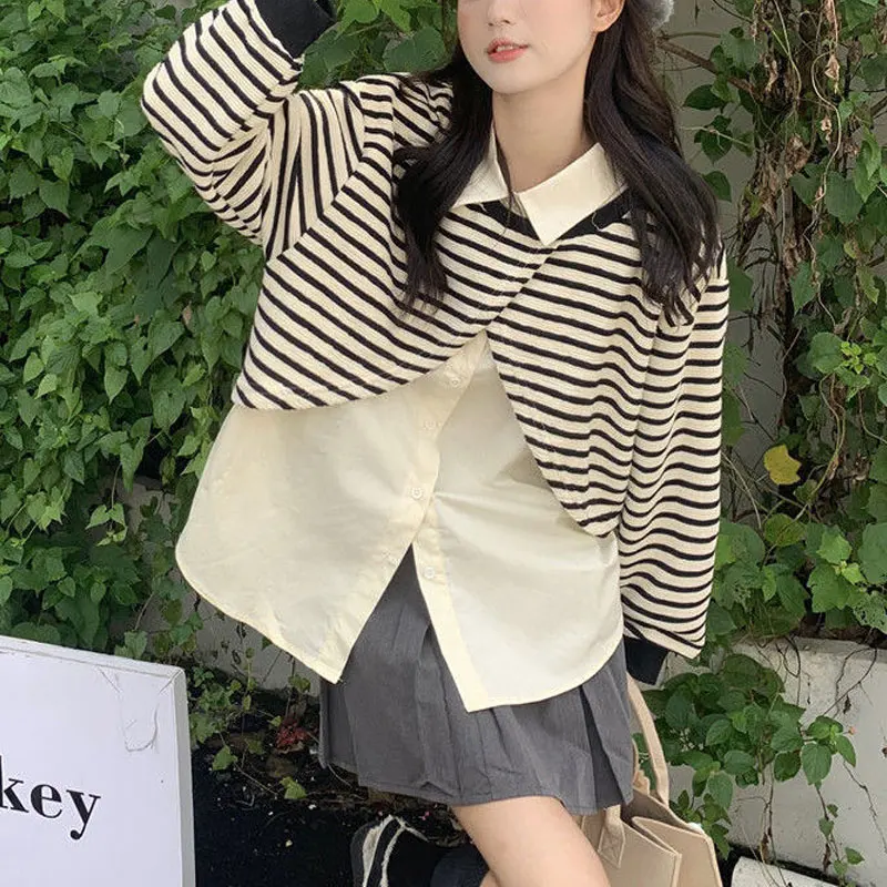 Striped Patchwork Loose Pullovers Female Clothing Fake Two Pieces Polo-Neck Spring Autumn Button Long Sleeve Korean Sweatshirts