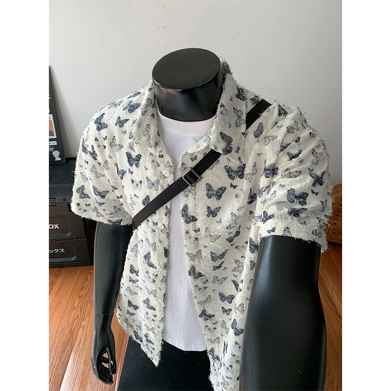 

2026 Pastel Butterfly Print Lapel Shirt Short-sleeved for Men's Summer Loose Lapel Design Shirt with Cardigan Plus Jacket Top