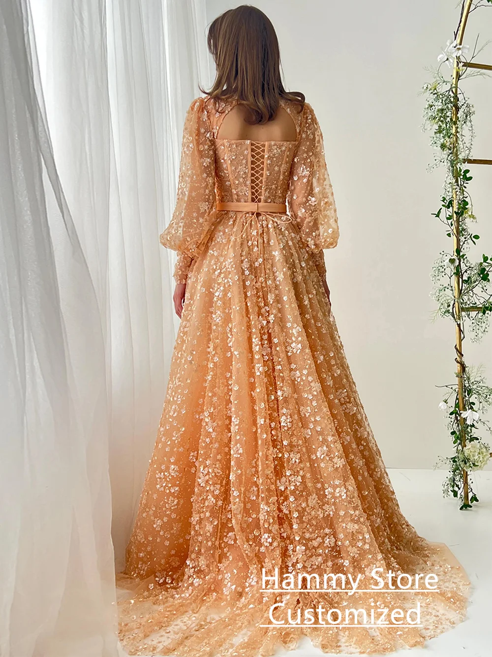 Sparkling Sequined Evening Dress Customized Puff Sleeves Sweetheart A Line Sweep Train Corset Prom Dresses Party Gown