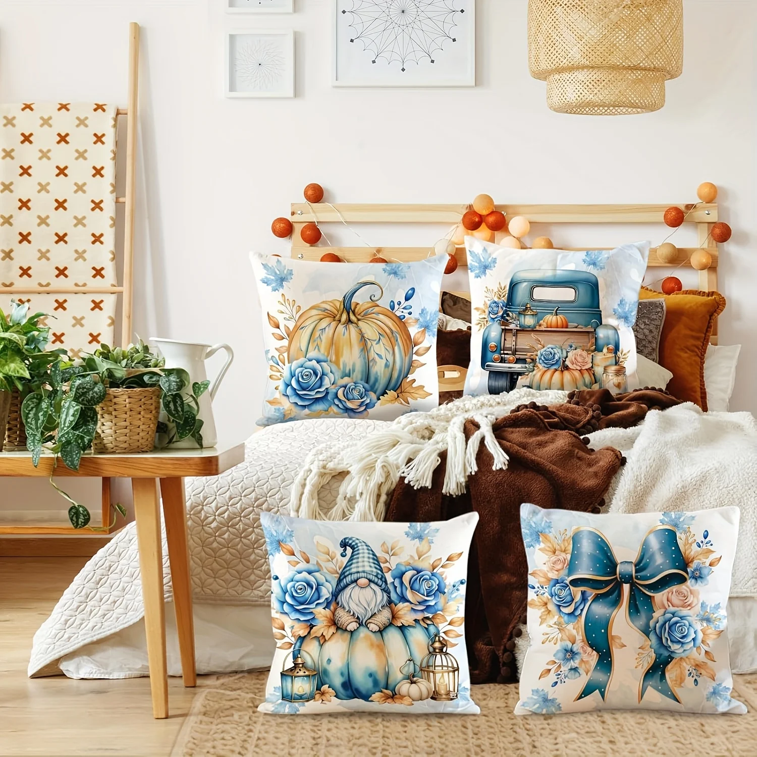 4pcs Farmhouse Pumpkin Throw Pillow Covers - Rustic Fall Thanksgiving Decor with Blue Roses, Gnome & Vintage Truck Designs, Mach