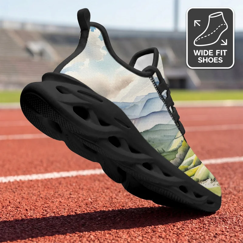 Ladies Men's Wide-Fit Sports Shoes - Light-colored ink painting mountain and floral print low-top training shoes，Lightweight sol