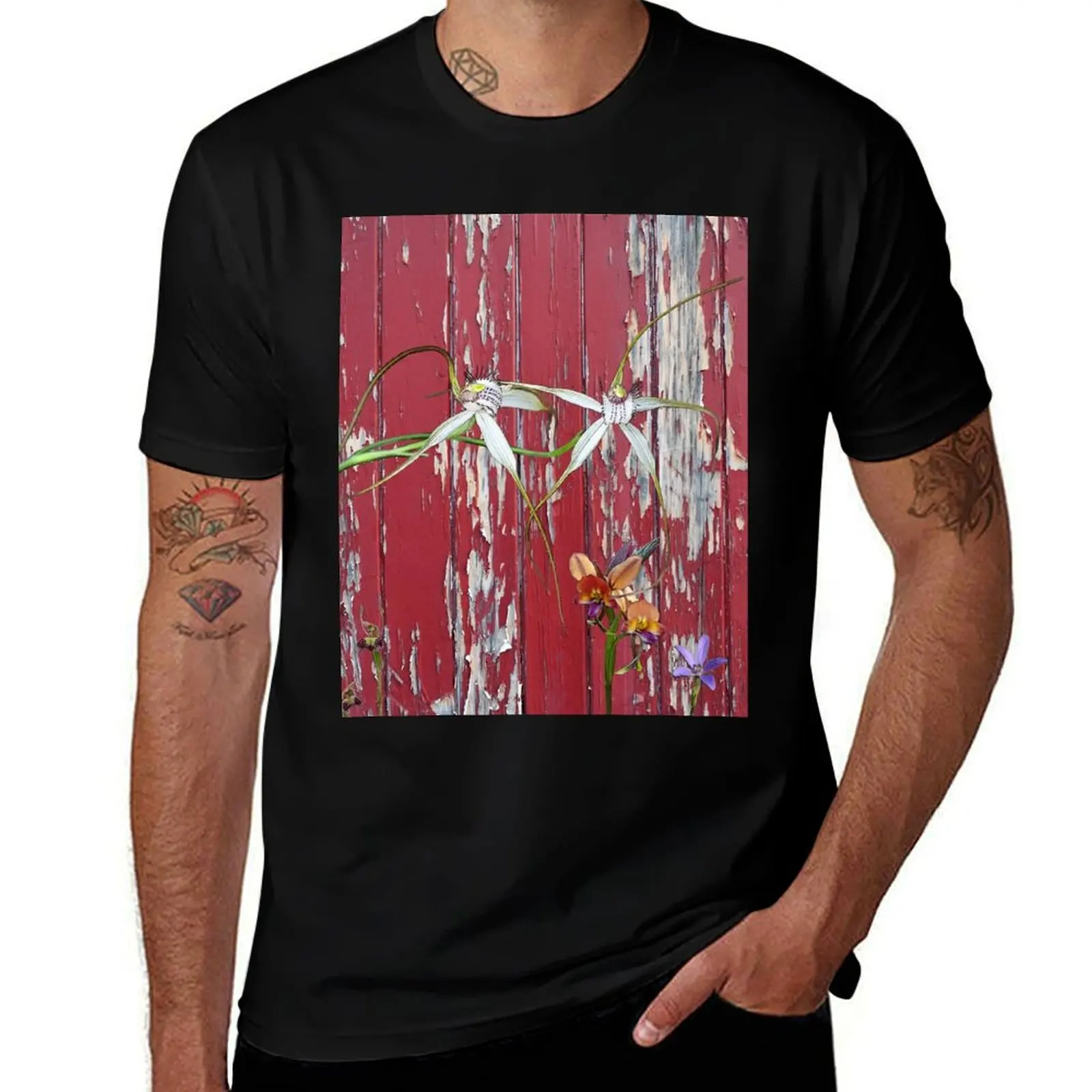 Longicordia Orchid with Red Painted Wall, native orchids of Western Australia. T-Shirt Durable Work Wear T-Shirt