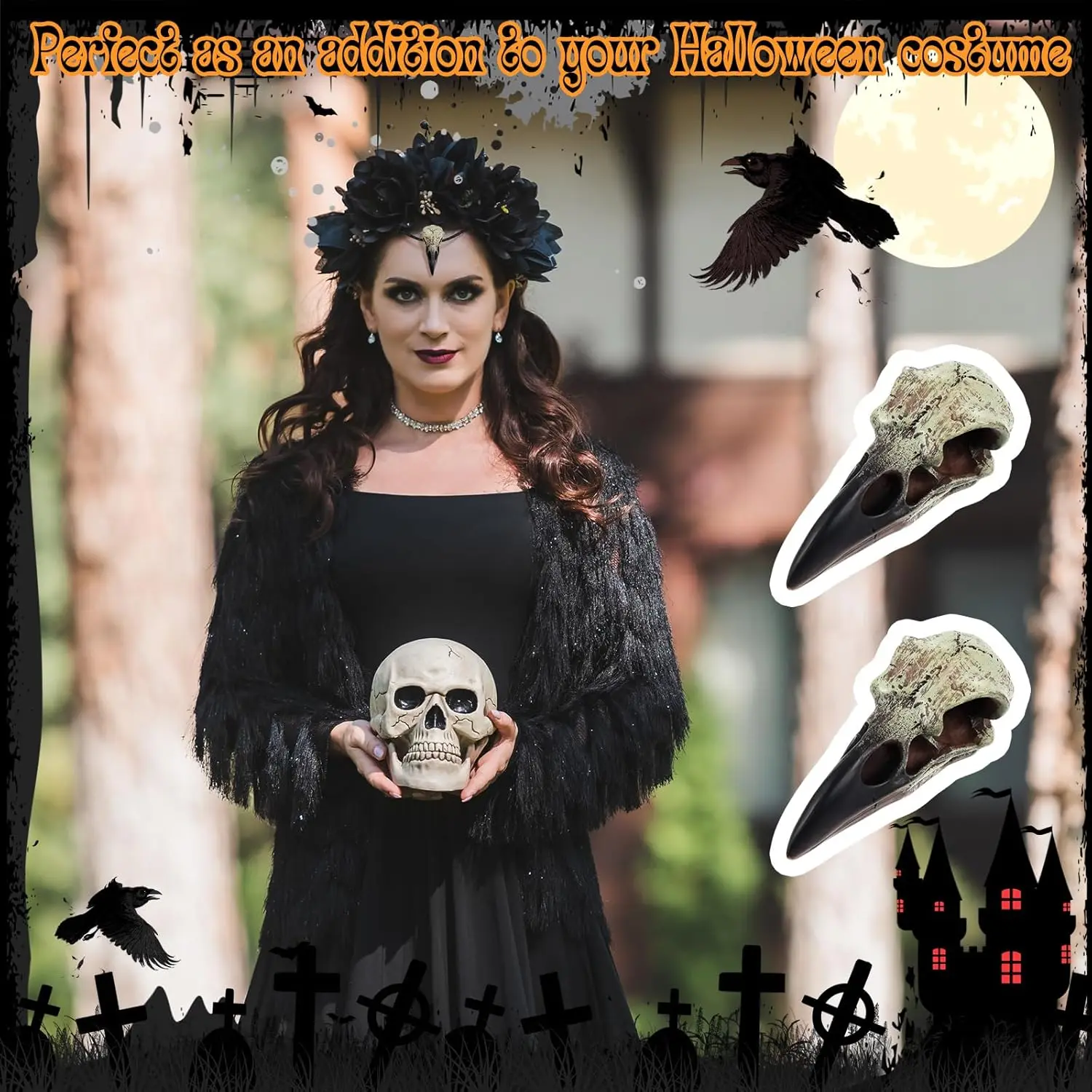 2 Stück Goth-Raben-Schädel-Figuren, Gothic-Heimdekoration, Obsidian-Krähen-Hängeskulptur, Harz-Tierschädel-Statue, Halloween-Ornament – Detail 6