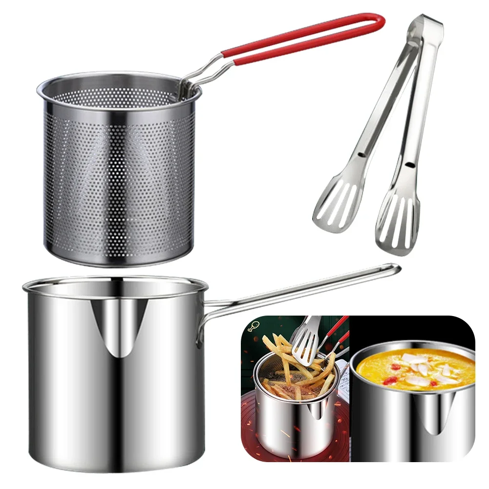 1200ML Deep Frying Pot with Strainer Basket Portable Cooking Pot 304 Stainless Steel for French Fries Chicken Fry