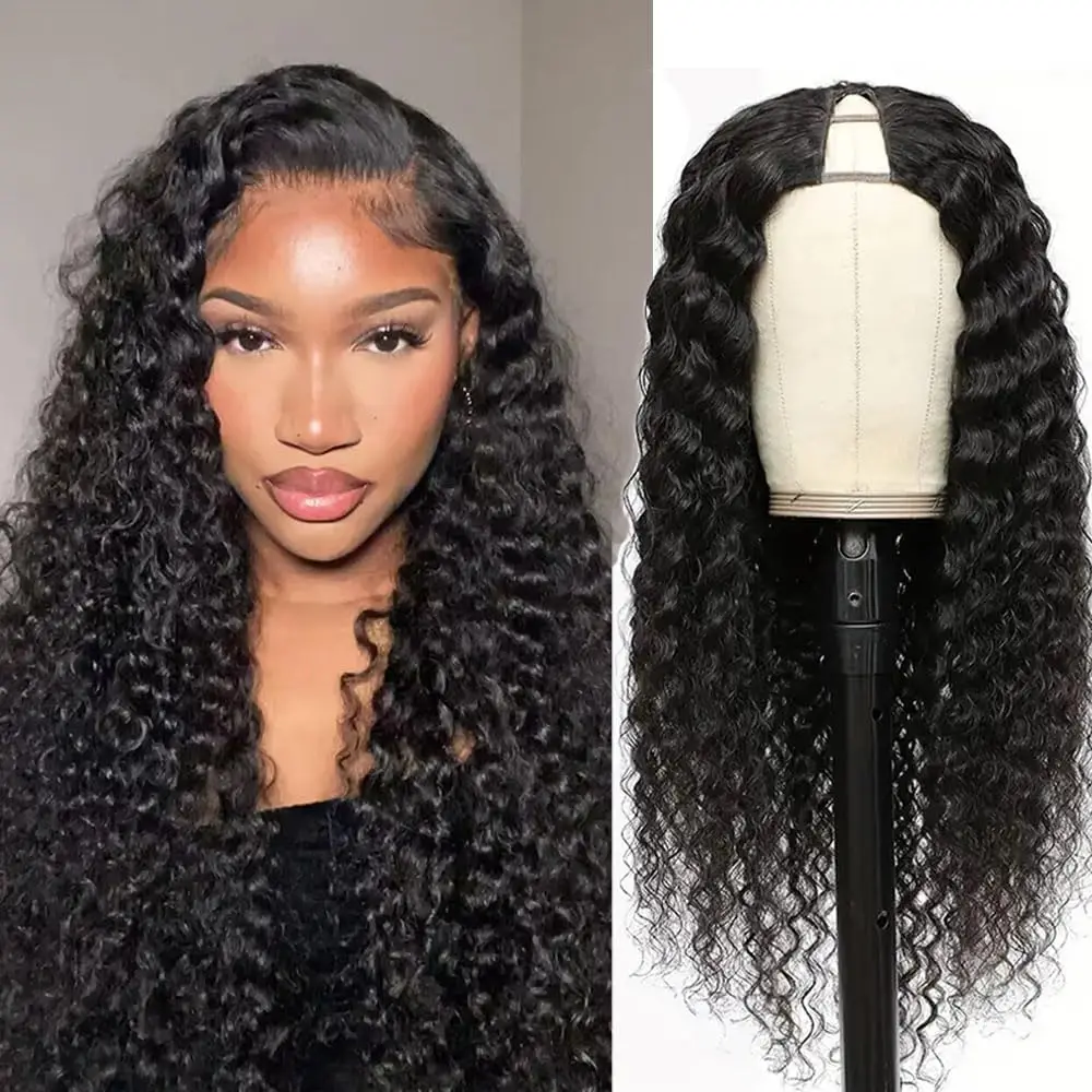 

180% Density Deep Curly V Part Wig Human Hair Cheap Full Machine Made Wig Natural Black Remy Water Wave V Part Wig Human Hair