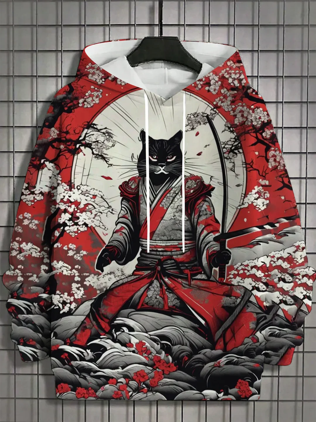 Japanese Samurai Cat Hoodie For Men Autumn And Winter Fashion Hoodie Casual Men's Long Sleeved T-Shirt Oversized Streetwear Tops