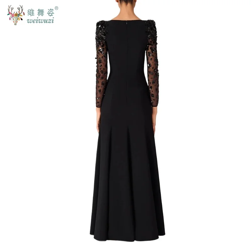 Mais recente moda luxuosa e requintada malha lantejoulas bordado manga comprida em torno do pescoço fino ajuste cintura cinched vestido de noite