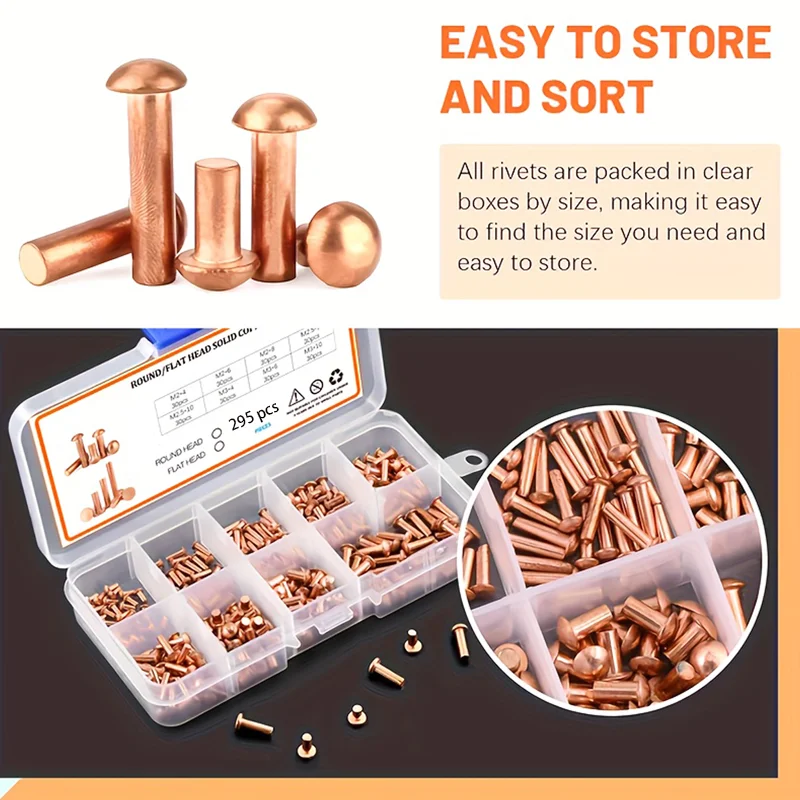 295-Piece Solid Brass Rivet Set - Flat or Round Head, Various Sizes M2x4/6/8, M2.5x5/8/10, M3x4/6/10 - For DIY Projects
