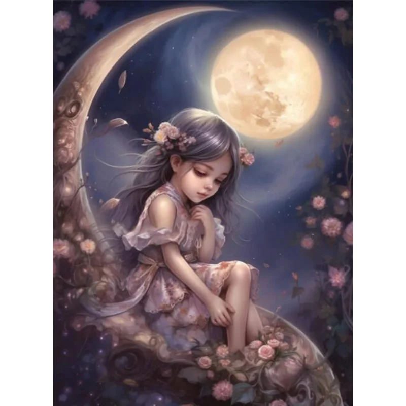 5D DIY Diamond Painting Cartoon Girl Under the Moonlight Artwork Home Wall Decoration Painting