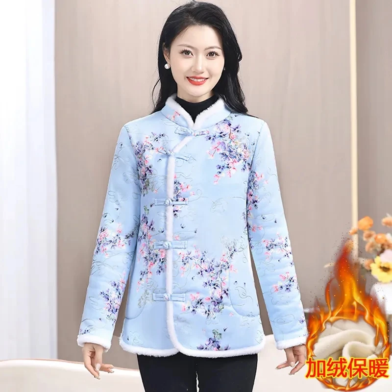 New Chinese Style Winter Plush Jacket Women Retro Ethnic Large Size Printed Plate Stand Collar Fleece Cotton Coat Outwear 5XL