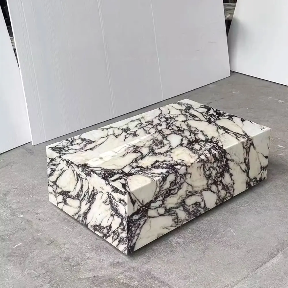Modern Calacatta Viola square Marble Coffee/Side Table Low-Profile Plinth Block Natural Stone Living Room Furniture Center Table