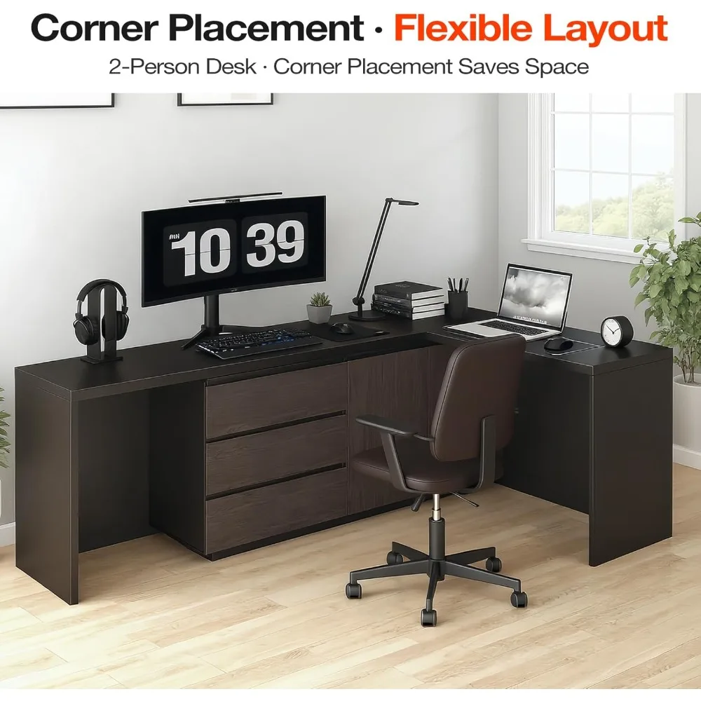 مكتب كمبيوتر طويل للغاية مقاس 135 بوصة، طاولة لشخصين مع 3 أدراج وبابين للخزانة، طاولة تعلم لمحطة العمل المزدوجة للعائلة