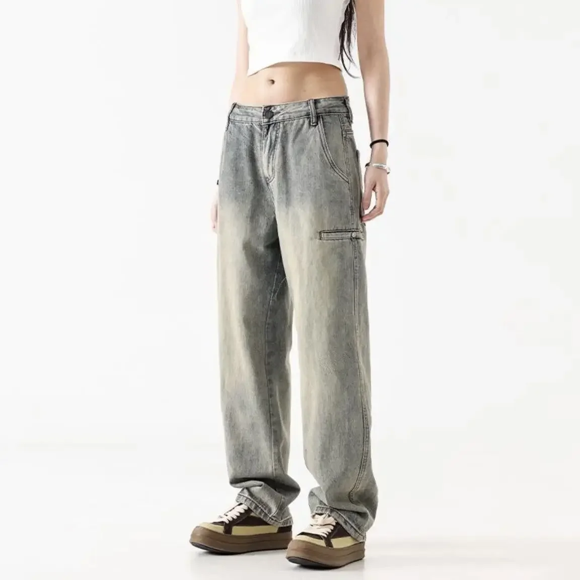 With Pockets Wide Leg Male Cowboy Pants Loose Baggy Men's Jeans Punk Trousers Japanese Street Style Y2k Vintage Cotton New in Xs