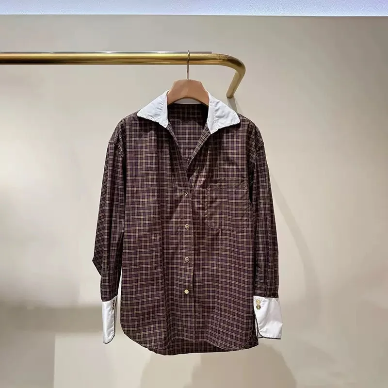 

Women Plaid Vintage Shirt Color Patchwork Turn-Down Collar Dropped Shoulder Long Sleeve Single Breasted Loose Ladies Blouse