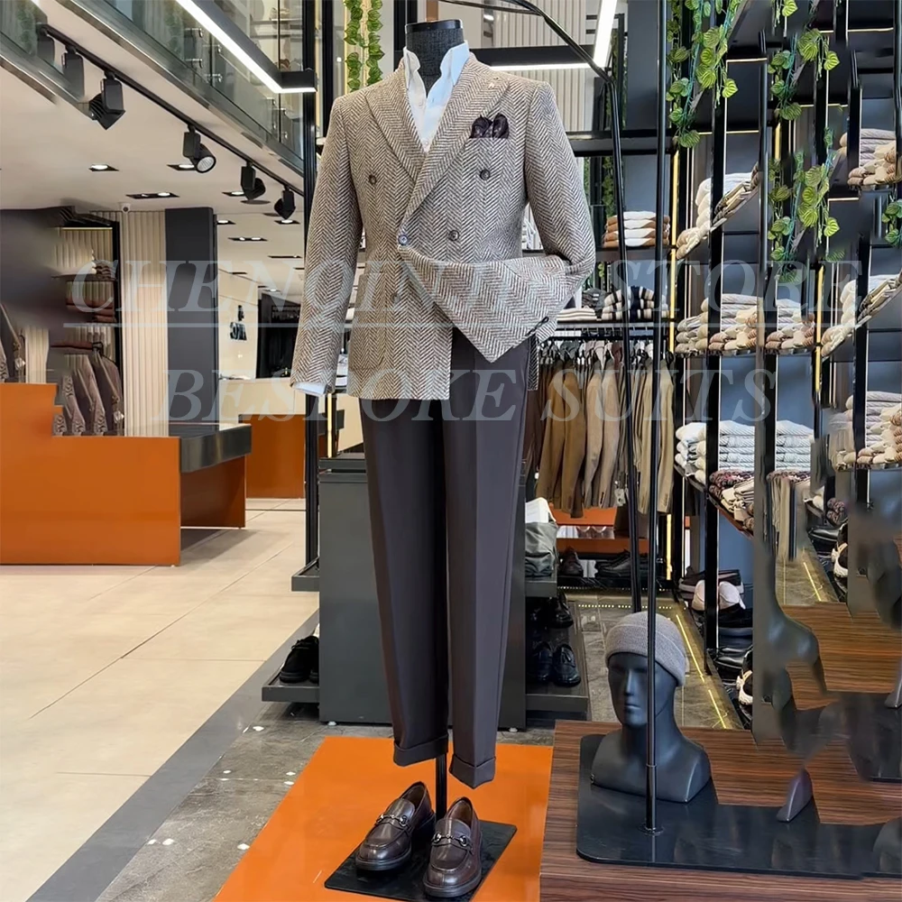 

Double Breasted Tweed Men's Suits Fashion 2 Piece Jacket Pants Full Sets High Quality Business Male Clothing Costume Homme