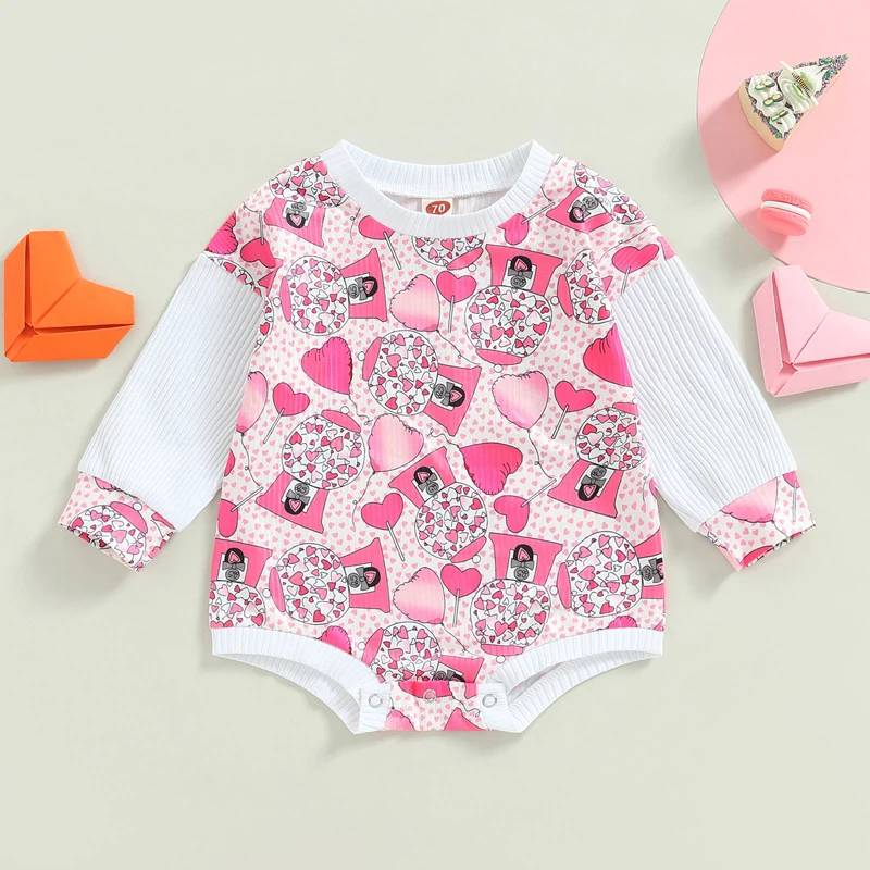 Romper bayi perempuan, baju pakaian kasual balita, perayaan Hari Valentine, lengan lipit dengan motif hati dan lengan lipit