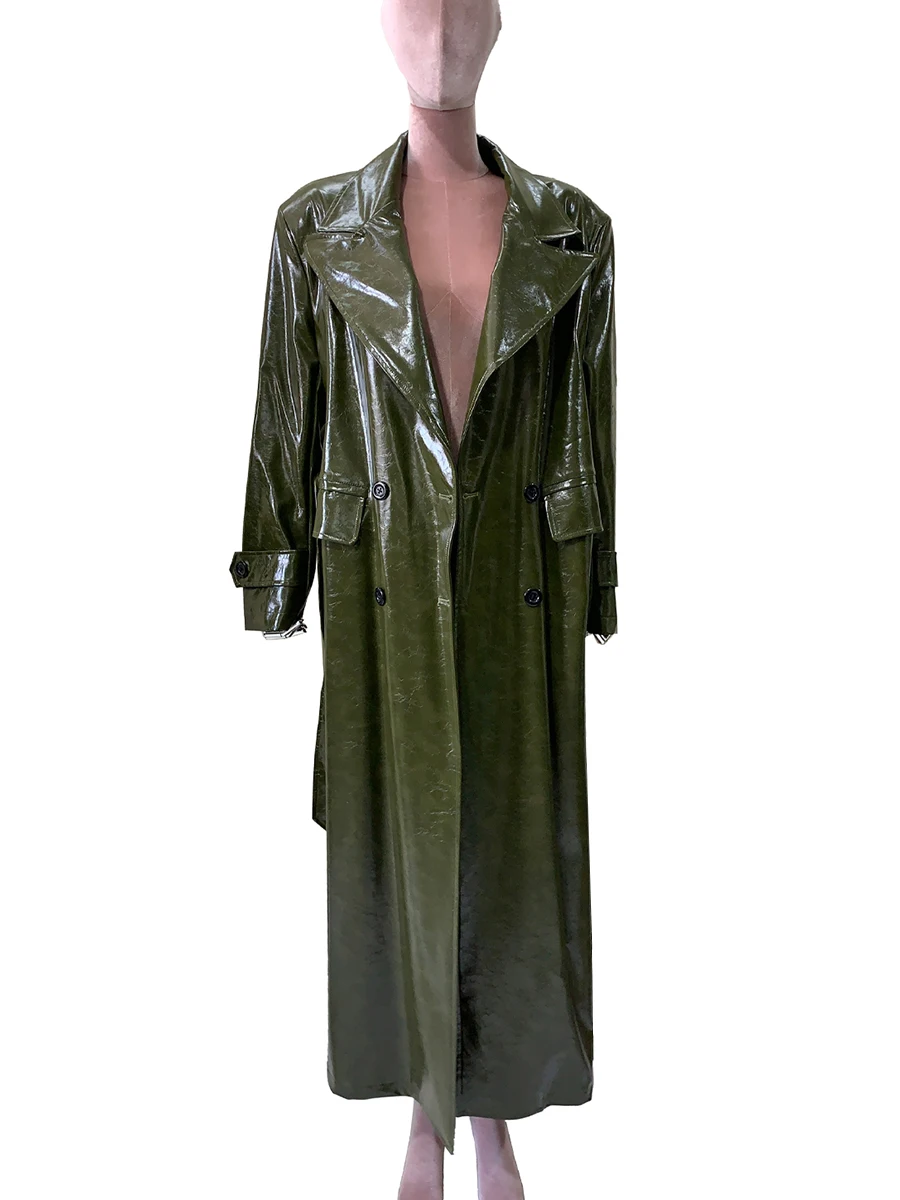 

Весенне-осенний свободный роскошный удлиненный блестящий лакированный плащ для женщин, двубортное пальто Sahes, подиумное модное пальто 2025