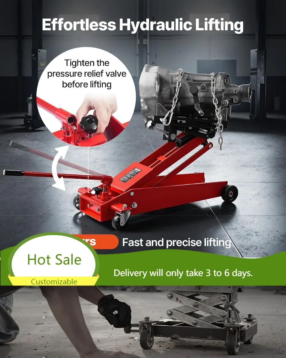 1000LBS Floor Transmission Jack, Low Profile Hydraulic Lift 6.3-25.2 in, 360° Swivel Wheels