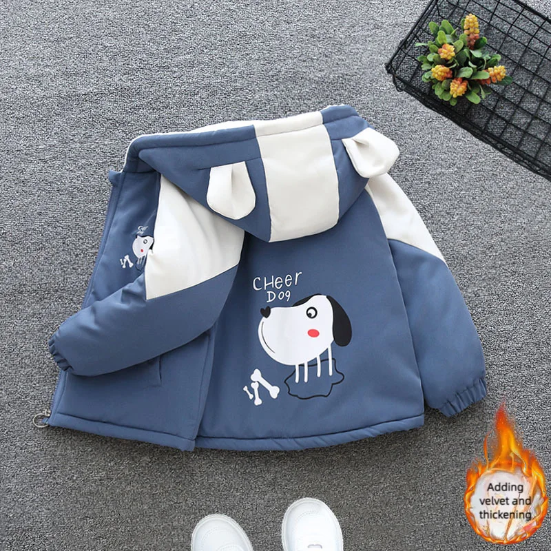 2024 Winter Boys' Casual Happy Dog Letter Hoodie Zipper Pocket Coat Children's Coat Thickened 1-5 Years Old