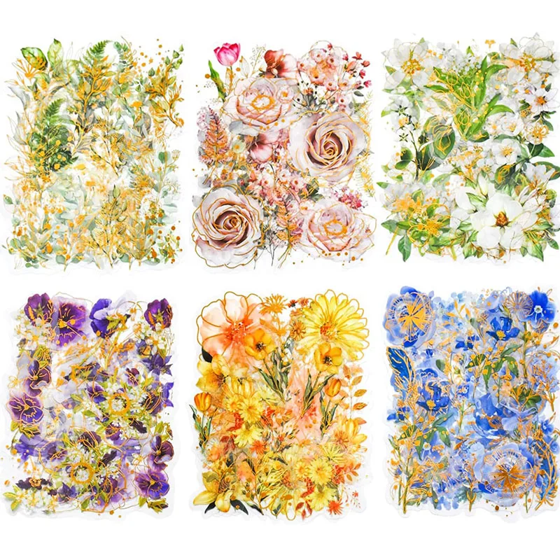 180PCS Vintage Natural Waterproof Decorative Stickers Transparent Gold Foil Plants Floral Stickers for Scrapbooking