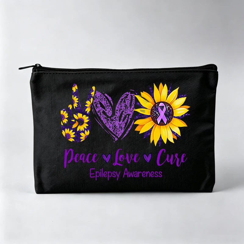 Women's Sunflower and Peace Sign Print Makeup Bag, Epilepsy Awareness Cosmetic Pouch for Daily Use